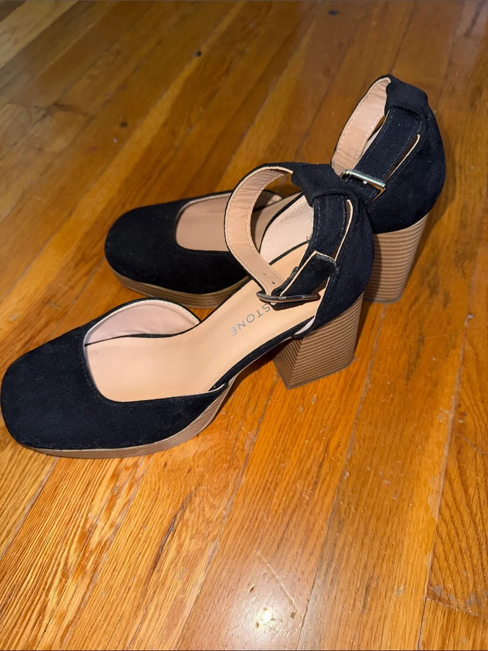Sun + Stone Black Ankle-Strap Square-Toe Block Heels